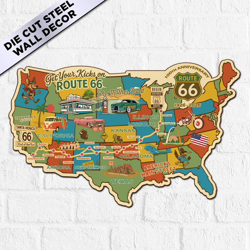 Legends of Route 66 USA Destination Map, 22 Gauge Metal Die Cut Wall Decor with Mascots-Sunbeltgifts® 100th Anniversary Edition-Made in the USA, Available in 2 sizes