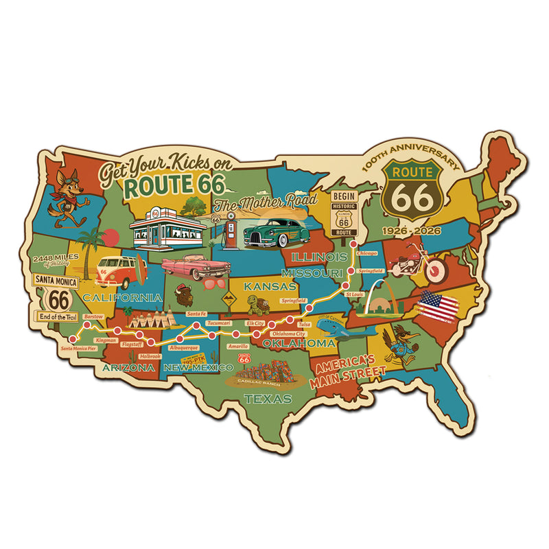 Legends of Route 66 USA Destination Map, 22 Gauge Metal Die Cut Wall Decor with Mascots-Sunbeltgifts® 100th Anniversary Edition-Made in the USA, Available in 2 sizes