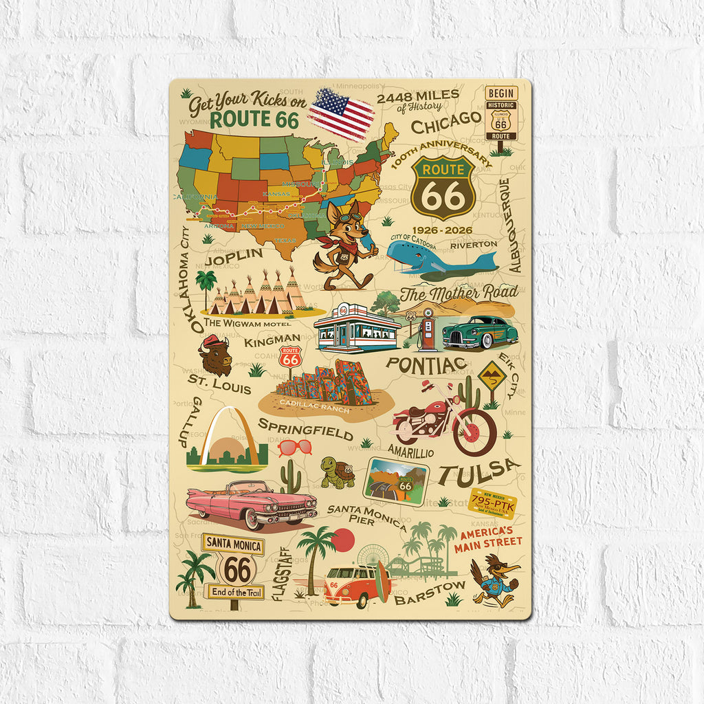 Legends of Route 66  with Mascots USA Made 22 Gauge 12 x 18 Metal Wall Decor– Sunbeltgifts® 100th Anniversary Edition