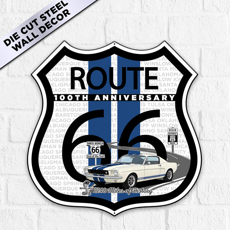 Route 66 100th Anniversary Die-Cut Shield Metal Sign, Blue Stripe  – Shelby GT350 Edition-Available in 2 Sizes