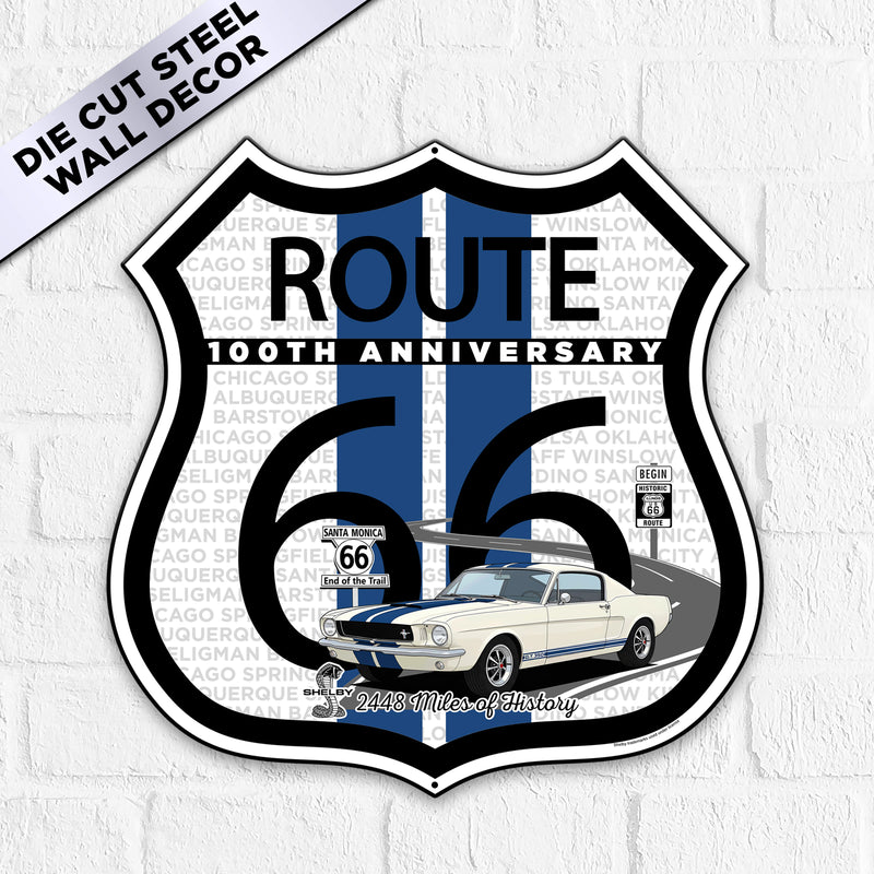 Route 66 100th Anniversary Die-Cut Shield Metal Sign, Blue Stripe  – Shelby GT350 Edition-Available in 2 Sizes