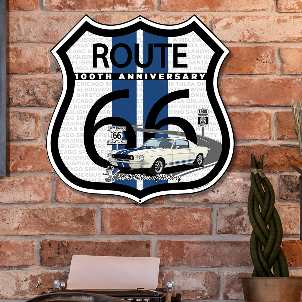 Route 66 100th Anniversary Die-Cut Shield Metal Sign, Blue Stripe  – Shelby GT350 Edition-Available in 2 Sizes