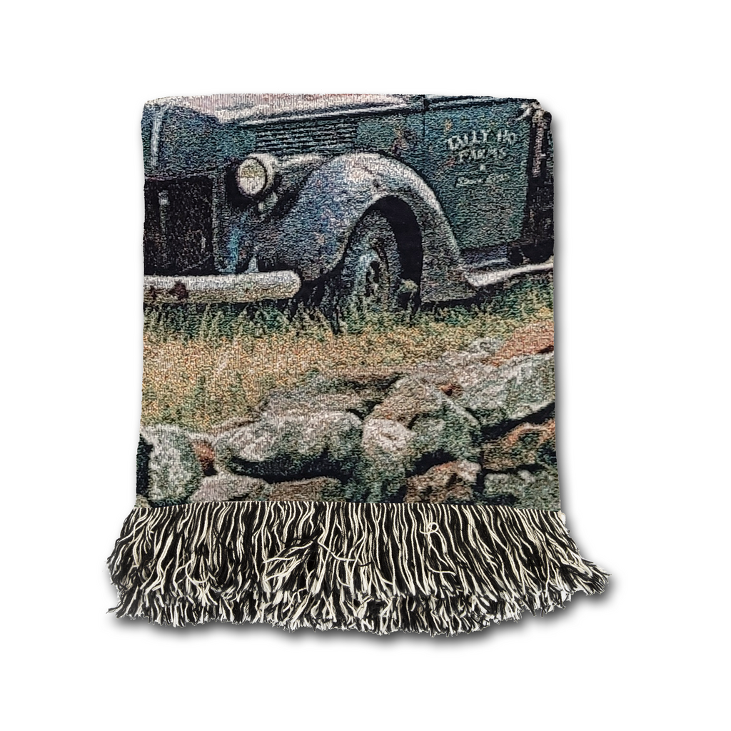 Truck, Barn and Horses Farm Scene by Renowned Artist Greg Giordano, 100% Cotton Woven Tapestry Blanket with Fringe,  50 x 60 inches, Made in the USA