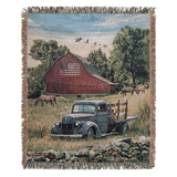 Truck, Barn and Horses Farm Scene by Renowned Artist Greg Giordano, 100% Cotton Woven Tapestry Blanket with Fringe,  50 x 60 inches, Made in the USA