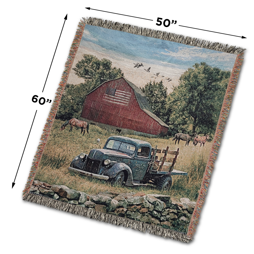 Truck, Barn and Horses Farm Scene by Renowned Artist Greg Giordano, 100% Cotton Woven Tapestry Blanket with Fringe,  50 x 60 inches, Made in the USA