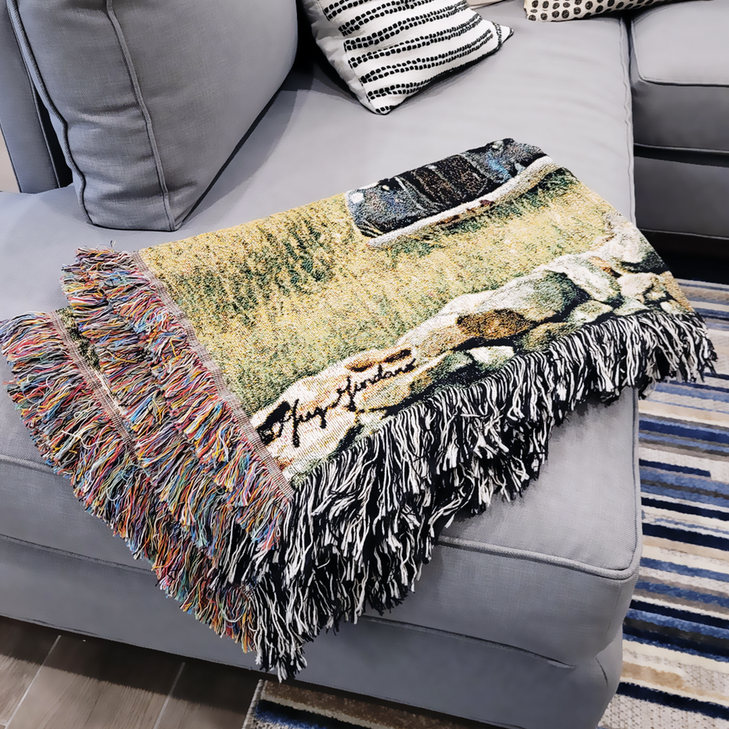 Truck, Barn and Horses Farm Scene by Renowned Artist Greg Giordano, 100% Cotton Woven Tapestry Blanket with Fringe,  50 x 60 inches, Made in the USA