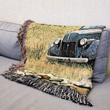 Truck, Barn and Horses Farm Scene by Renowned Artist Greg Giordano, 100% Cotton Woven Tapestry Blanket with Fringe,  50 x 60 inches, Made in the USA