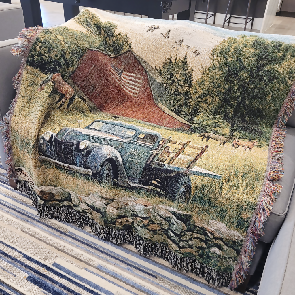 Truck, Barn and Horses Farm Scene by Renowned Artist Greg Giordano, 100% Cotton Woven Tapestry Blanket with Fringe,  50 x 60 inches, Made in the USA