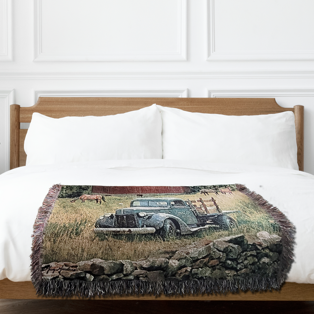 Truck, Barn and Horses Farm Scene by Renowned Artist Greg Giordano, 100% Cotton Woven Tapestry Blanket with Fringe,  50 x 60 inches, Made in the USA