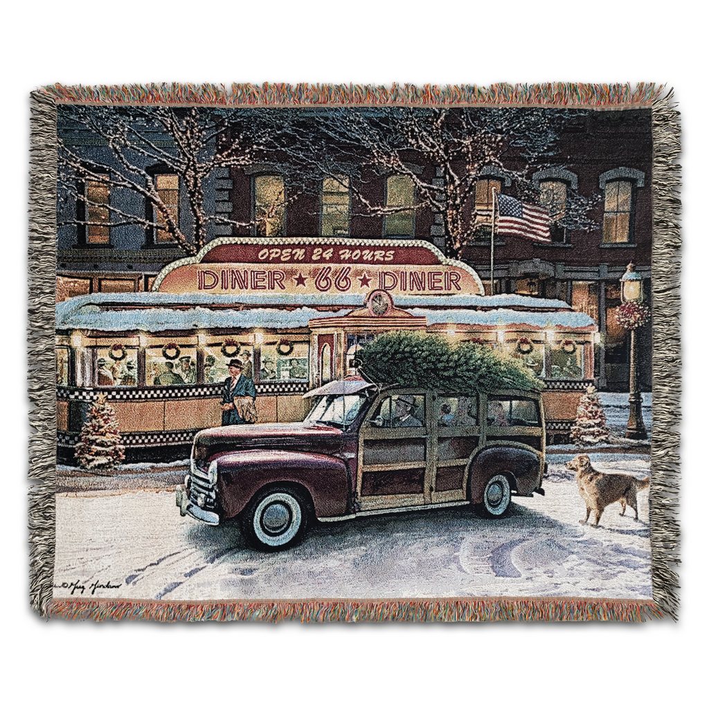 Christmas Route 66 Diner Scene by Renowned Artist Greg Giordano, 100% Cotton Woven Tapestry Blanket with Fringe,  50 x 60 inches, Made in the USA