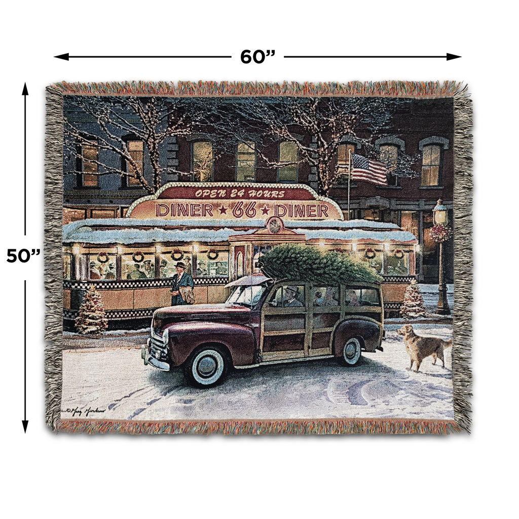 Christmas Route 66 Diner Scene by Renowned Artist Greg Giordano, 100% Cotton Woven Tapestry Blanket with Fringe,  50 x 60 inches, Made in the USA