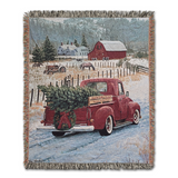 Christmas Tree and Truck Farm Scene by Renowned Artist Greg Giordano, 100% Cotton Woven Tapestry Blanket with Fringe,  50 x 60 inches, Made in the USA