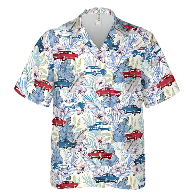 Carroll Shelby GT350 Hawaiian Shirt with Tropical Floral Background – Wimbledon White, Acapulco Blue & Candyapple Red Tribute