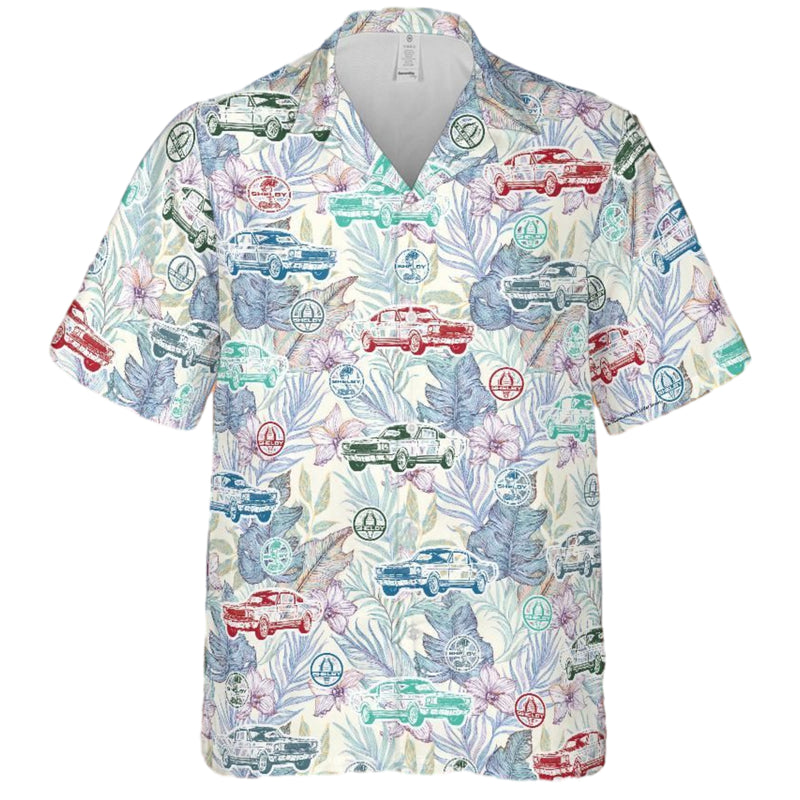 Carroll Shelby GT350 Hawaiian Shirt, Tropical Floral Background, Multiple Car Colors and Shelby Snake and Shelby Cobra Logos.