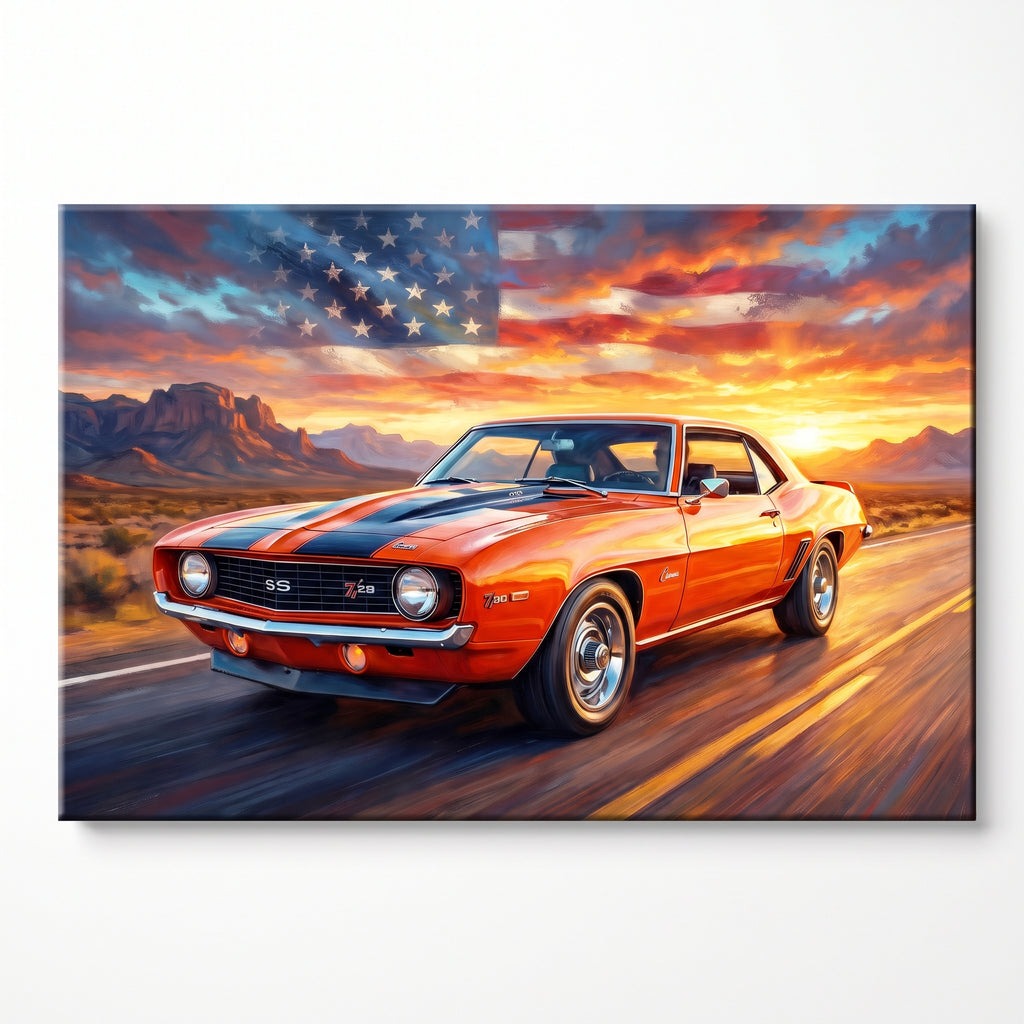 Camaro Z28 Orange and Black Americana Highway American Flag Canvas Wall Art