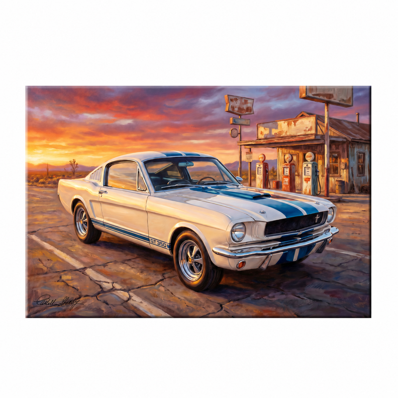 Carroll Shelby White GT350 Sports Coupe Front View Vintage Gas Station Canvas Wall Art