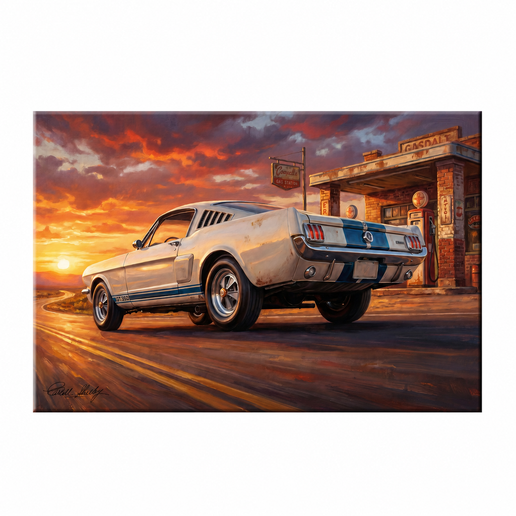 Carroll Shelby White GT350 Sports Coupe Rearview Distressed Sunset Gas Station Canvas Wall Art
