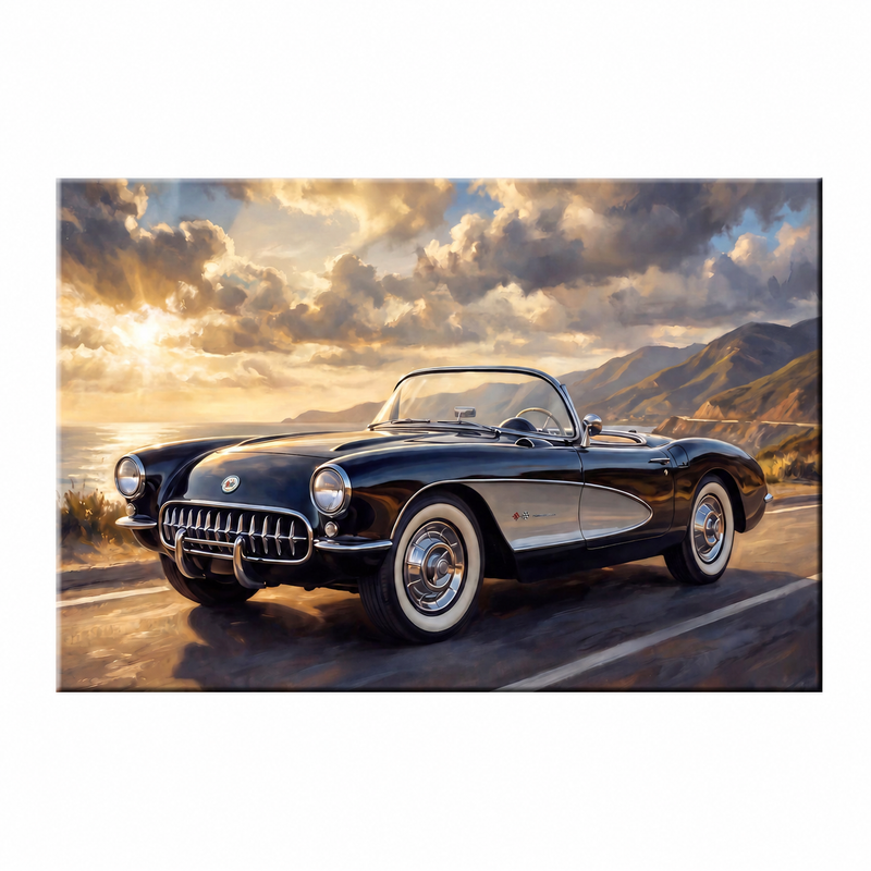 Corvette C1 Canvas Wall Art, Black Classic Sports Car Pacific Coast Highway