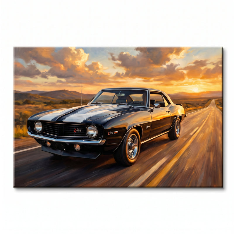Camaro Z28 Black and White Desert Highway Canvas Wall Art