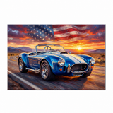 Carroll Shelby Blue Cobra 427 Open-Top Roadster Desert Highway Sunset American Flag Canvas Wall Art