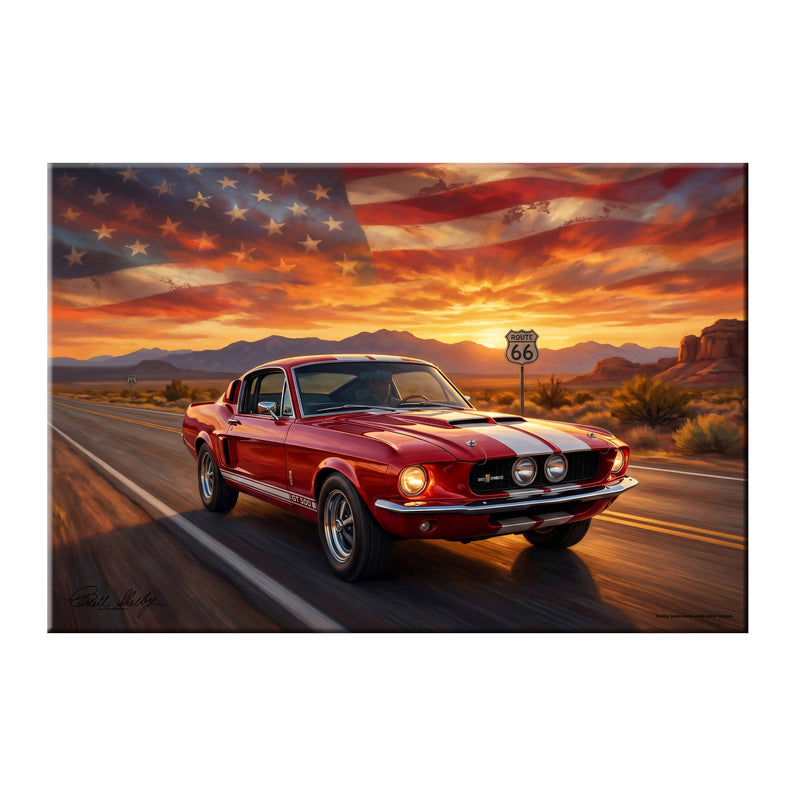 Carroll Shelby Red GT500 Sports Coupe Desert Highway American Flag Landscape Canvas Wall Art
