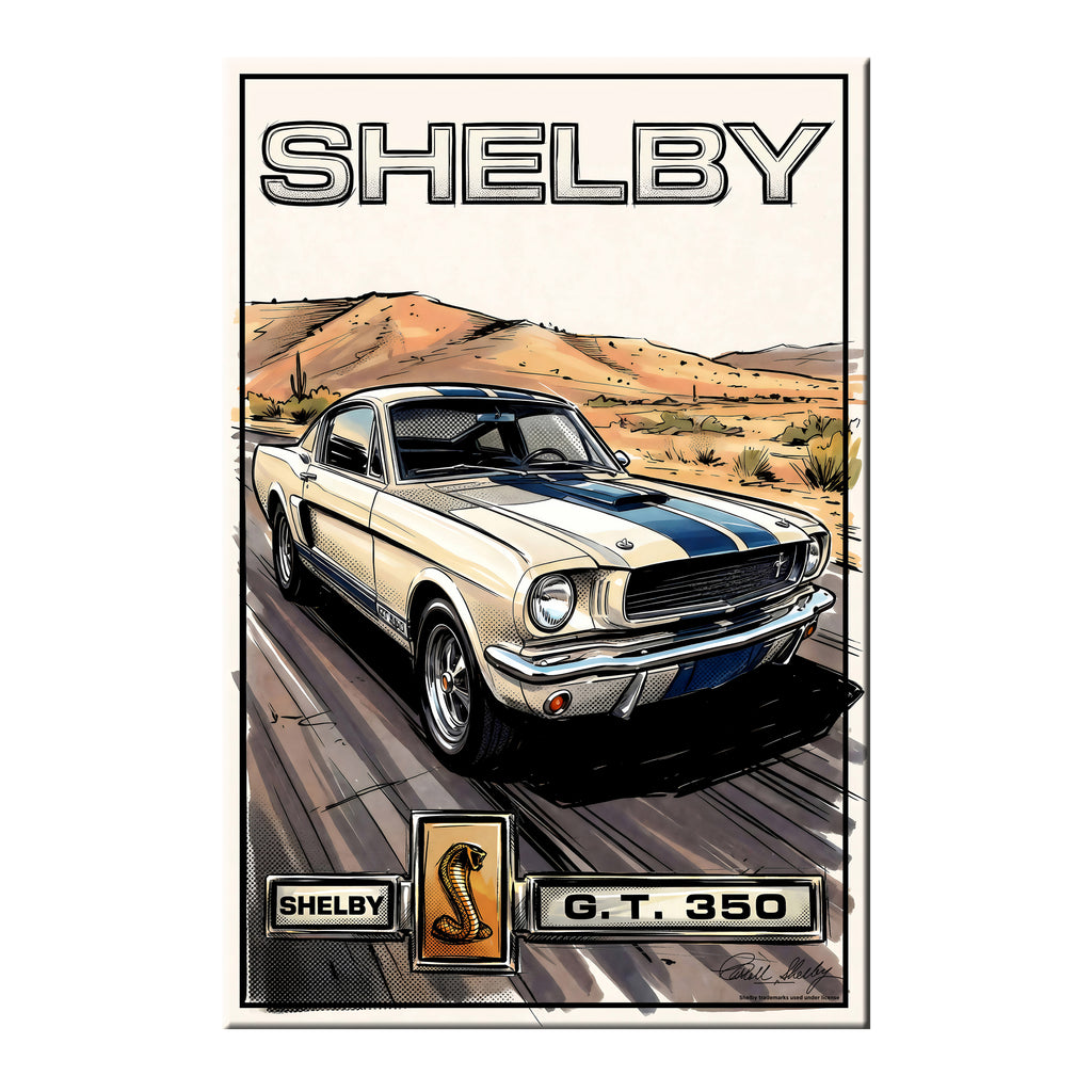 Carroll Shelby White GT350 Sports Coupe Comic Illustration Cobra Snake GT350 Badge Canvas Wall Art
