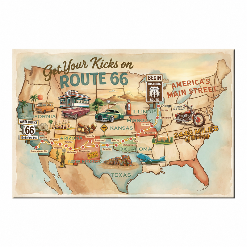 Legends of Route 66 Vintage Tan & Teal USA Map Get Your Kicks Road Trip Canvas Wall Art