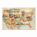 Legends of Route 66 Vintage Tan & Teal USA Map Get Your Kicks Road Trip Canvas Wall Art