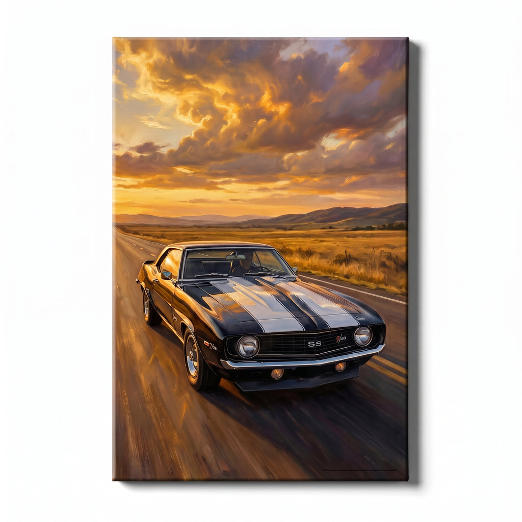 Camaro Z28 Black and White Highway Canvas Wall Art Portrait