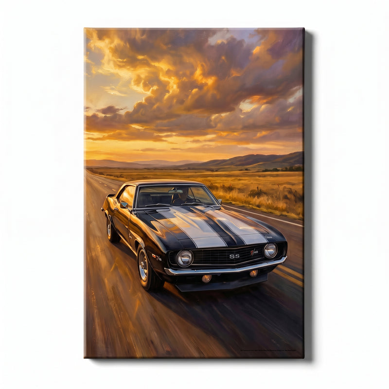 Camaro Z28 Black and White Highway Canvas Wall Art Portrait