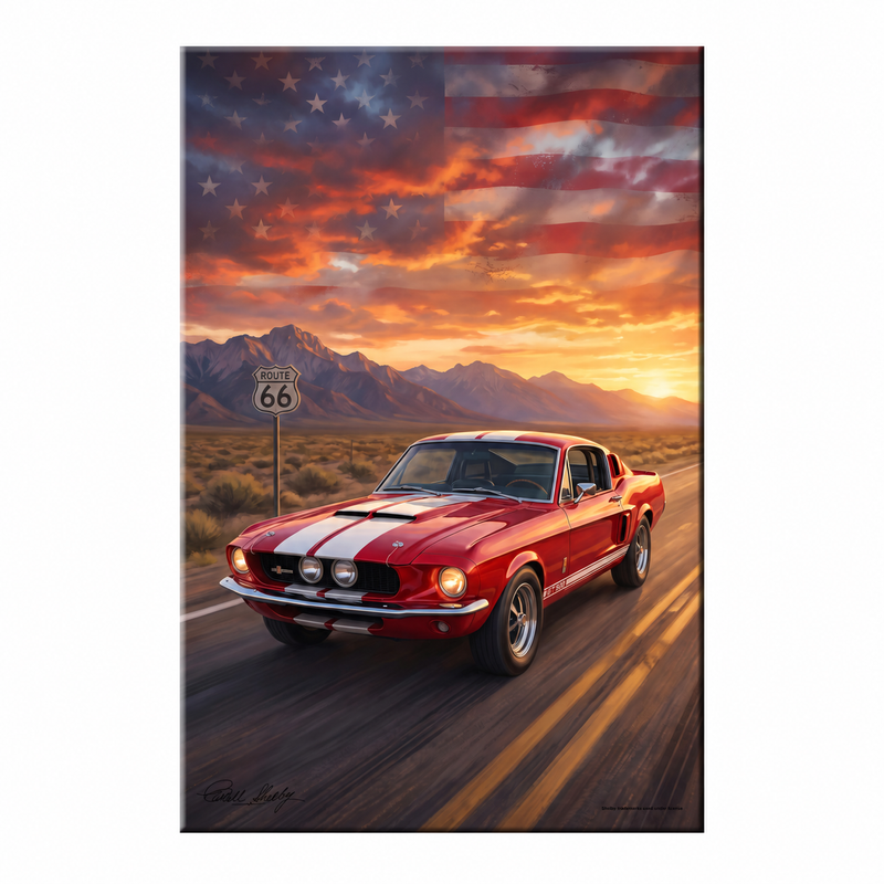 Carroll Shelby Red GT500 Sports Coupe Front View Sunset Highway Portrait Canvas Wall Art