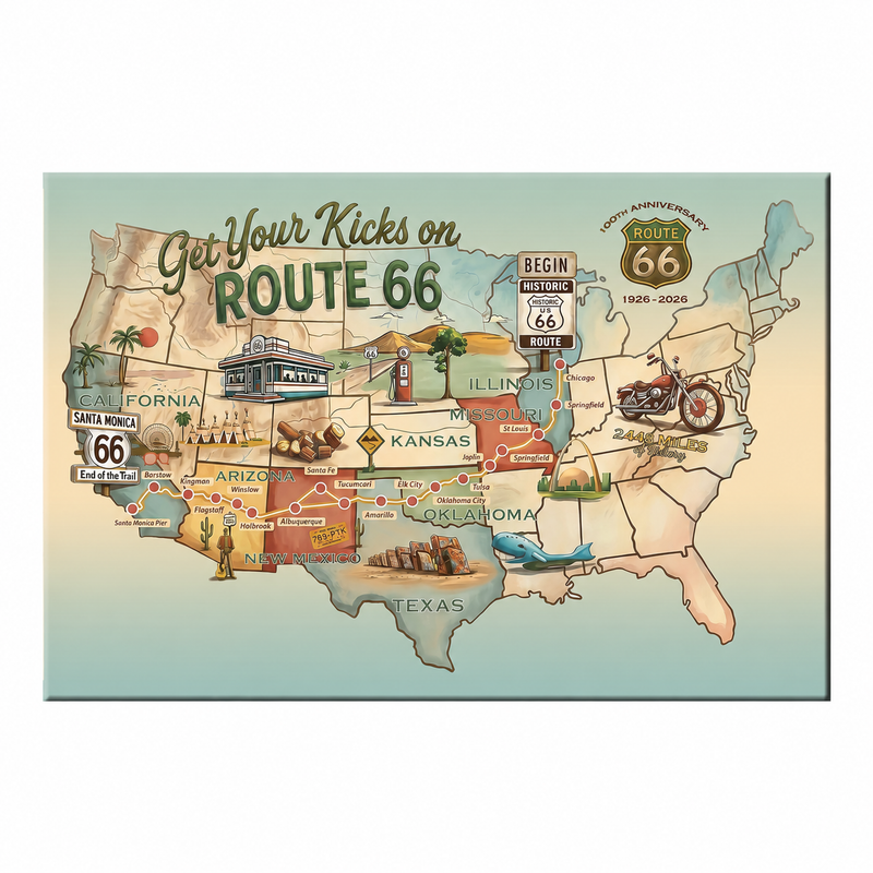 Legends of Route 66 Vintage Teal & Beige USA Map Historic Road Trip Canvas Wall Art