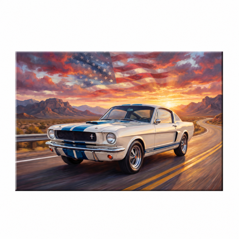 Carroll Shelby White GT350 Sports Coupe Sunset Desert Highway American Flag Canvas Wall Art