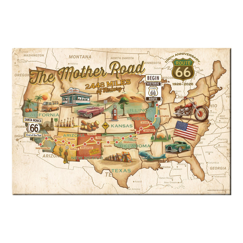 Legends of Route 66 Vintage Sepia USA Map The Mother Road Americana Canvas Wall Art