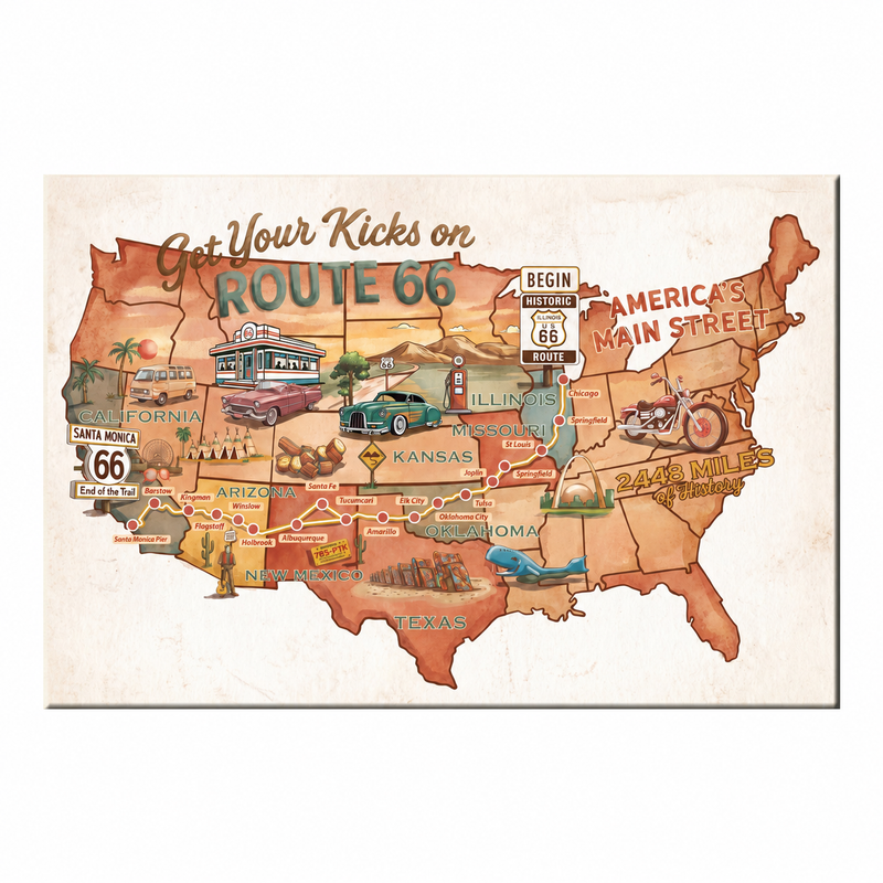 Legends of Route 66 Vintage Burnt Orange USA Map America's Main Street Canvas Wall Art