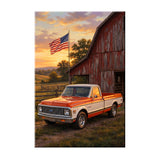 Chevy C10 Orange and White Barn with US Flag Canvas Wall Art