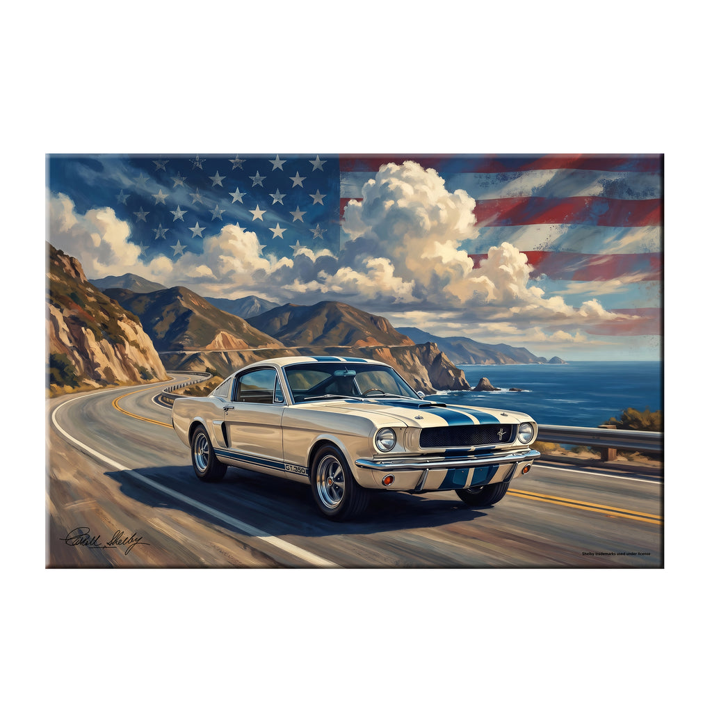 Carroll Shelby White GT350 Sports Coupe Coastal Highway American Flag Canvas Wall Art