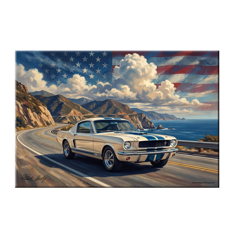 Carroll Shelby White GT350 Sports Coupe Coastal Highway American Flag Canvas Wall Art