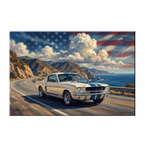 Carroll Shelby White GT350 Sports Coupe Coastal Highway American Flag Canvas Wall Art