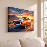 Camaro Z28 Orange and Black Americana Highway American Flag Canvas Wall Art