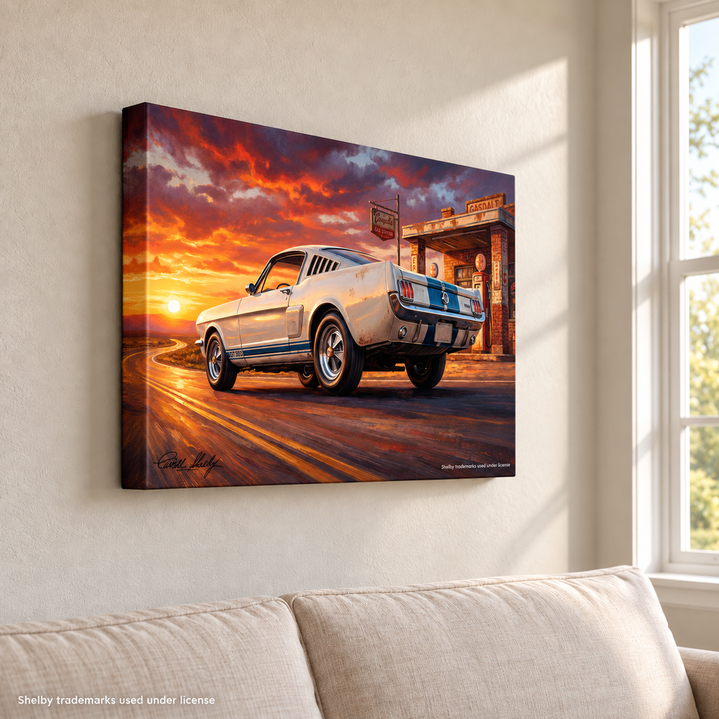 Carroll Shelby White GT350 Sports Coupe Rearview Distressed Sunset Gas Station Canvas Wall Art