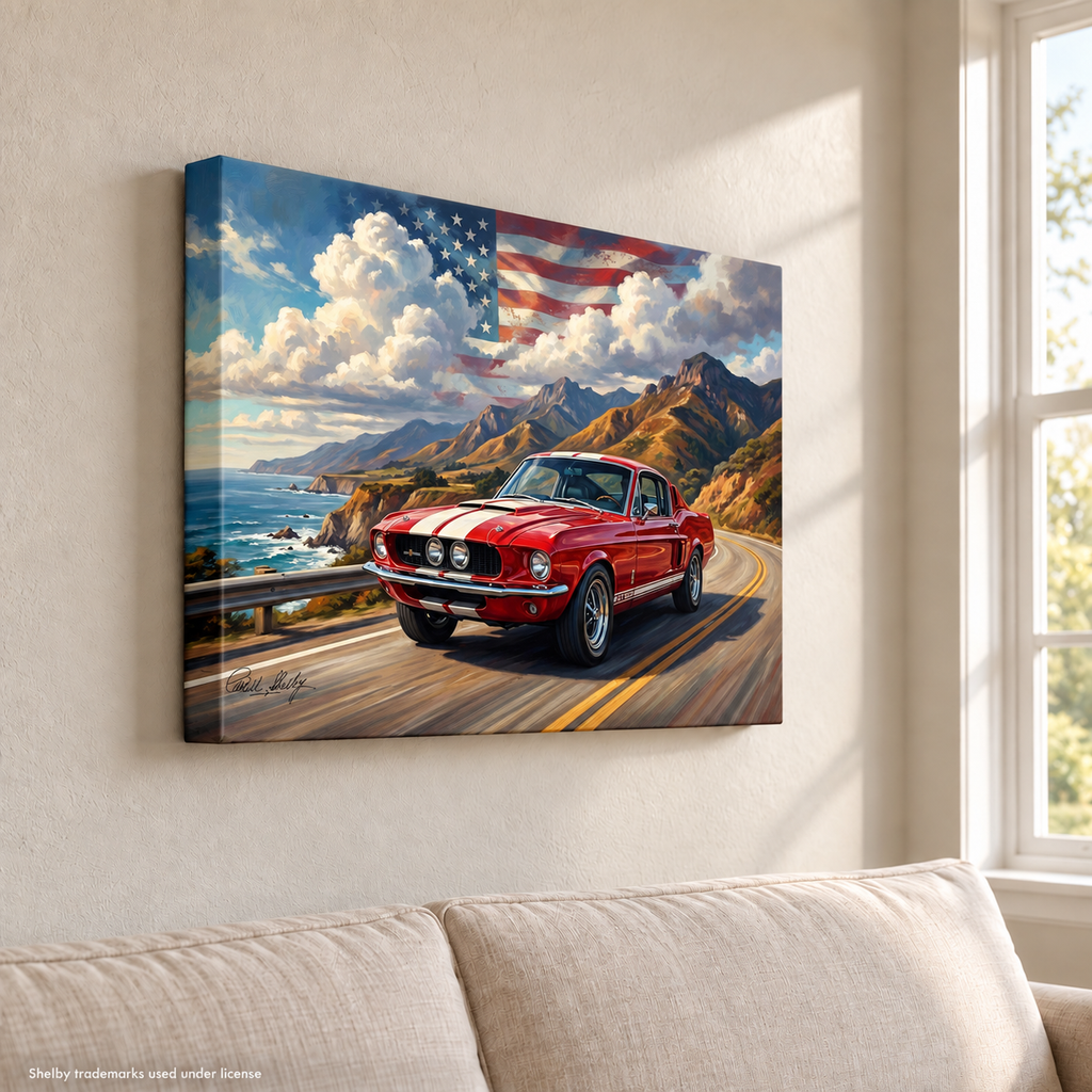 Carroll Shelby Red GT500 Sports Coupe Coastal Highway American Flag Canvas Wall Art