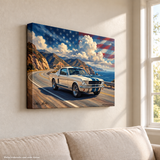 Carroll Shelby White GT350 Sports Coupe Coastal Highway American Flag Canvas Wall Art