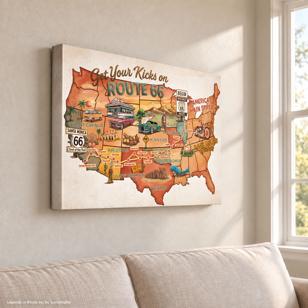 Legends of Route 66 Vintage Burnt Orange USA Map America's Main Street Canvas Wall Art