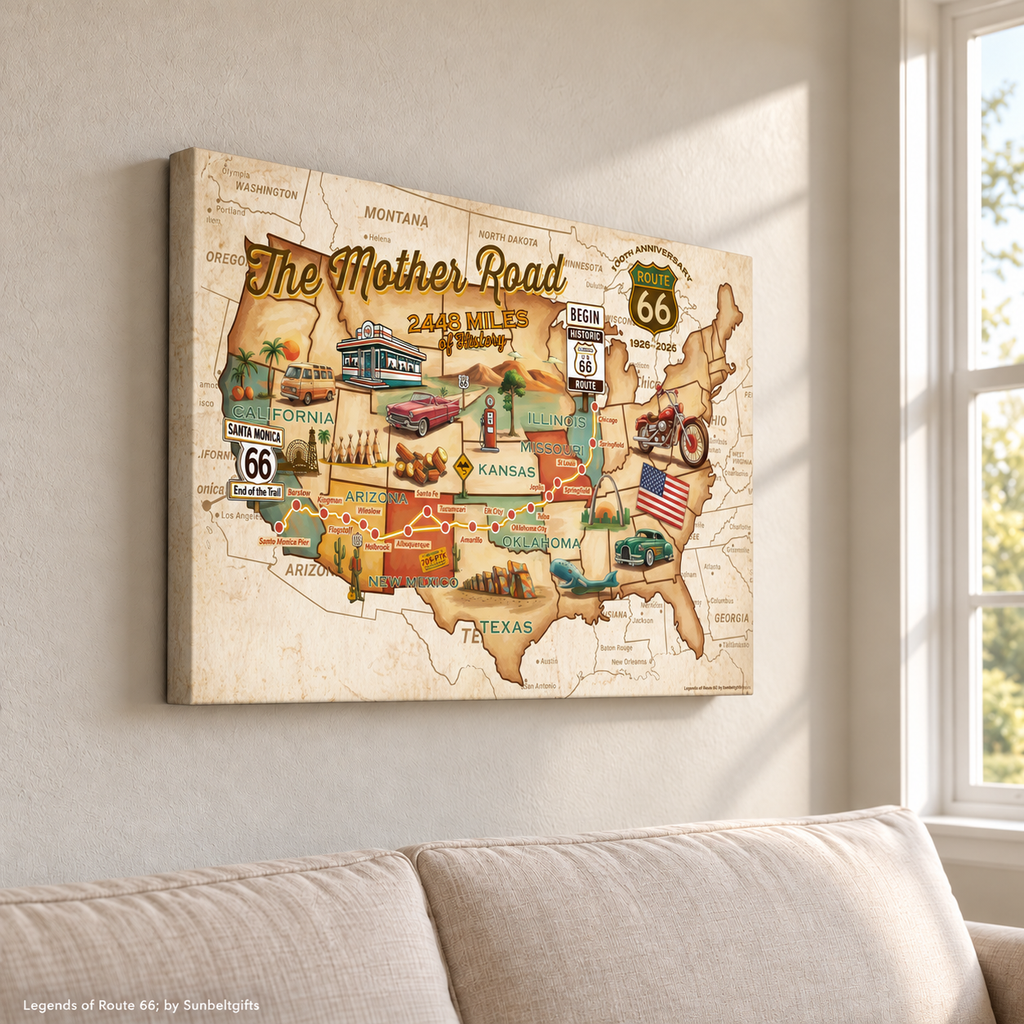 Legends of Route 66 Vintage Sepia USA Map The Mother Road Americana Canvas Wall Art
