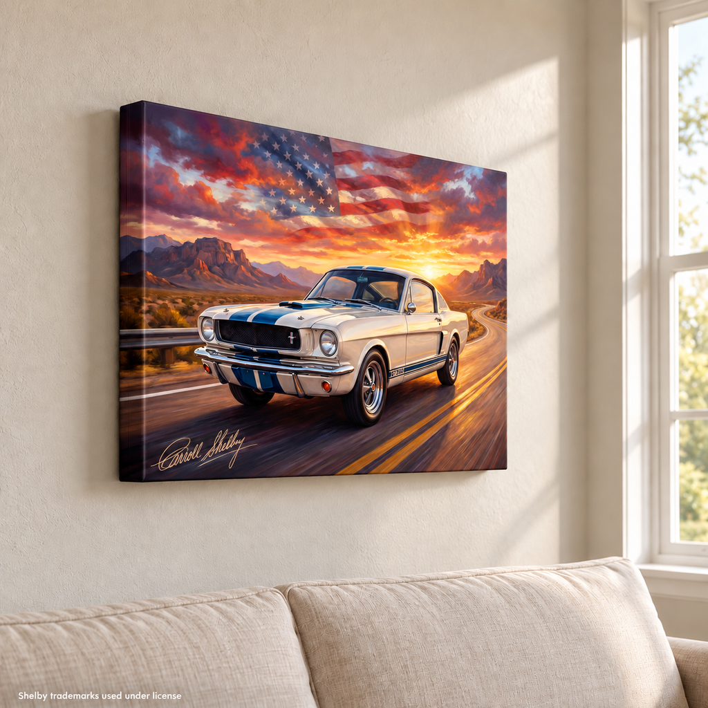 Carroll Shelby White GT350 Sports Coupe Sunset Desert Highway American Flag Canvas Wall Art