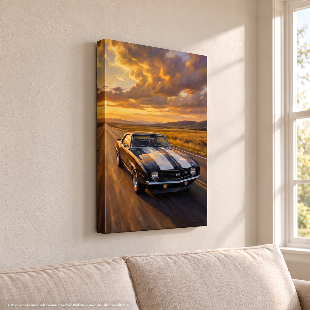 Camaro Z28 Black and White Highway Canvas Wall Art Portrait