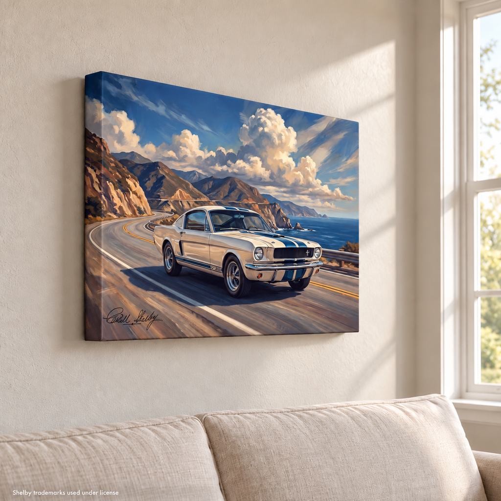 Carroll Shelby GT500 Canvas Wall Art, White Coupe, Pacific Coast Highway