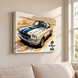 Carroll Shelby White GT350 Sports Coupe Comic Illustration with Shelby Cobra Snake Canvas Wall Art