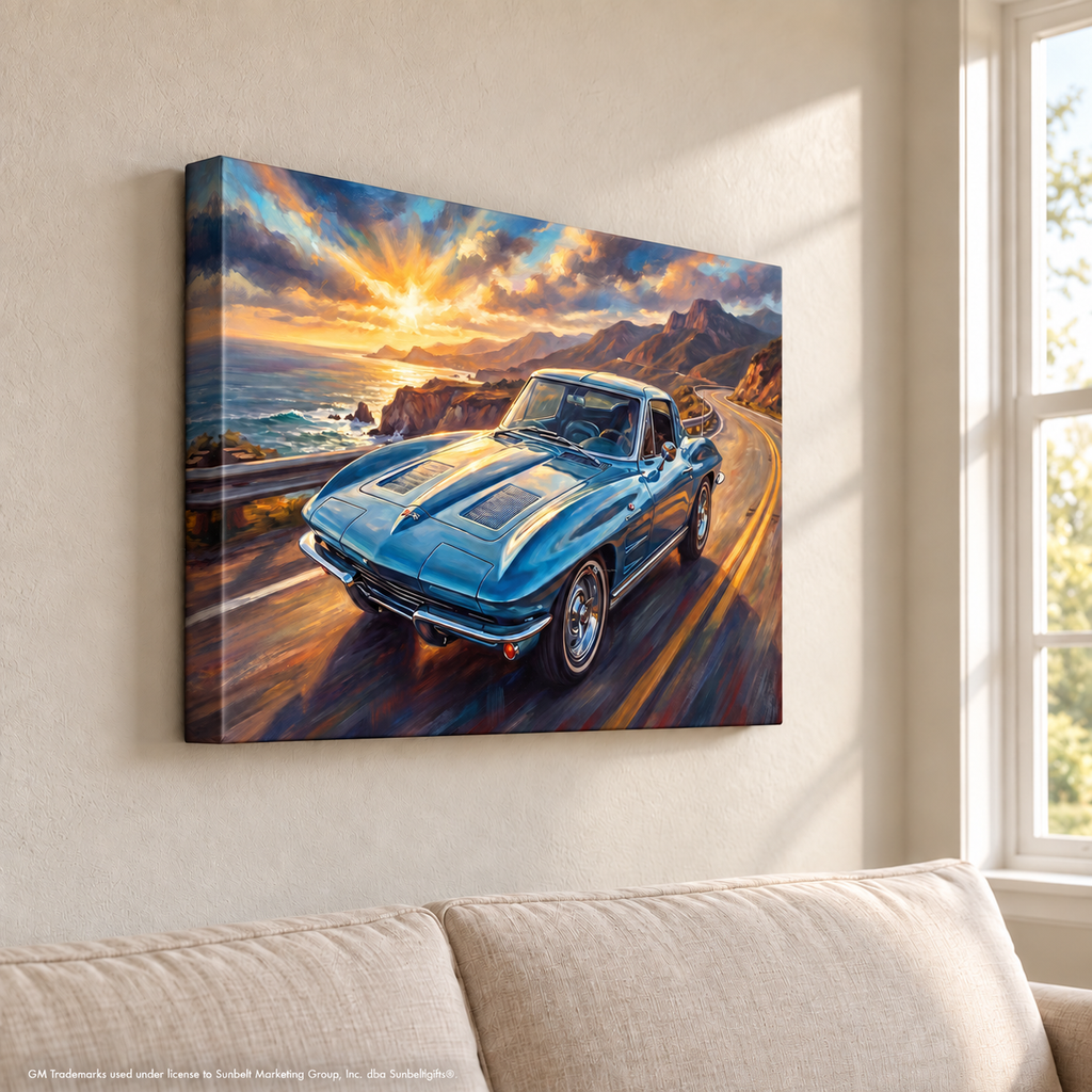 Corvette C2 Canvas Wall Art, Blue Classic Sports Car Pacific Coast Highway